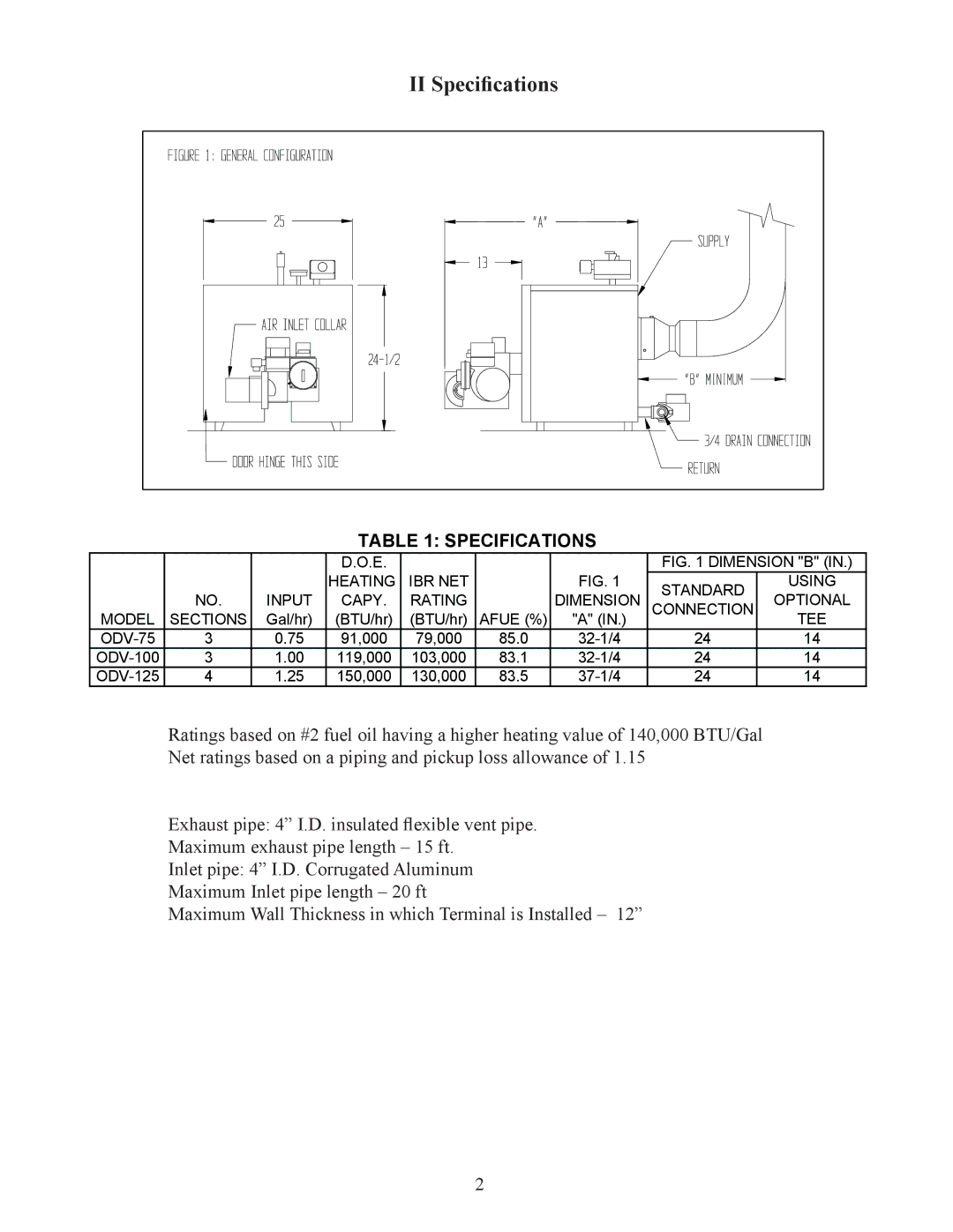 Crown Boiler ODV-75, ODV-100, ODV-125 manual II Specifications 