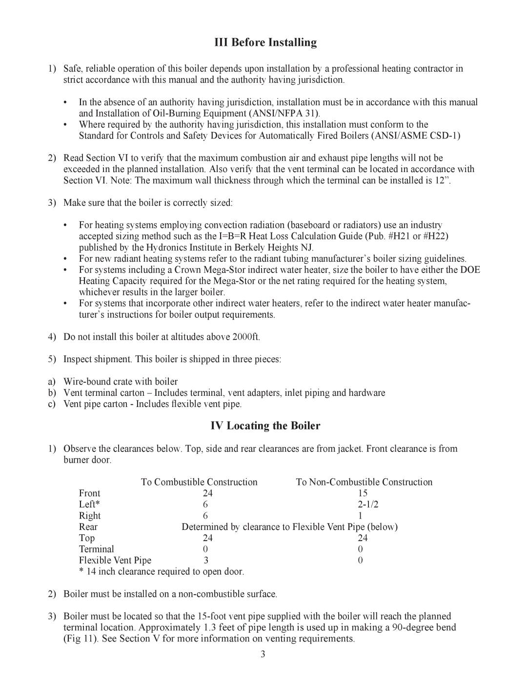 Crown Boiler ODV-100, ODV-125, ODV-75 manual III Before Installing, IV Locating the Boiler 