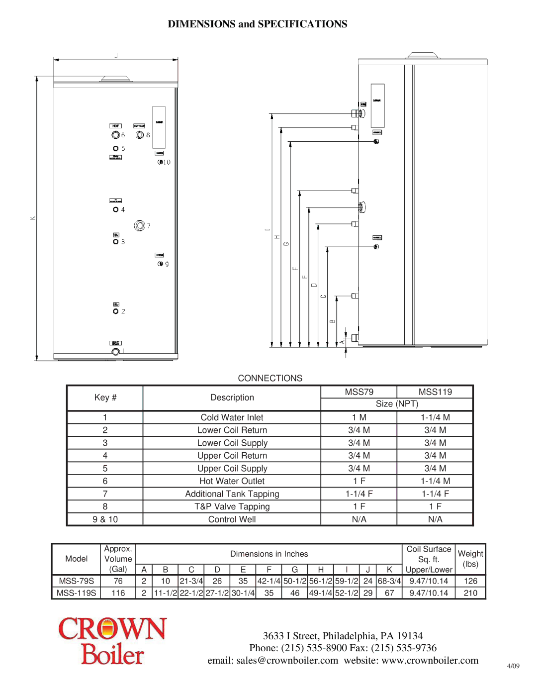 Crown Boiler PET708 warranty Dimensions and Specifications, Connections, MSS79, MSS-79S 