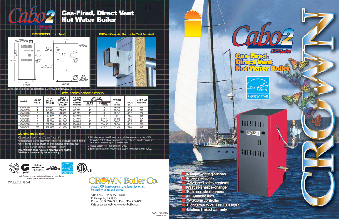 Crown Boiler PN980528R1 dimensions CWD Series Specifications, Locating the Boiler 