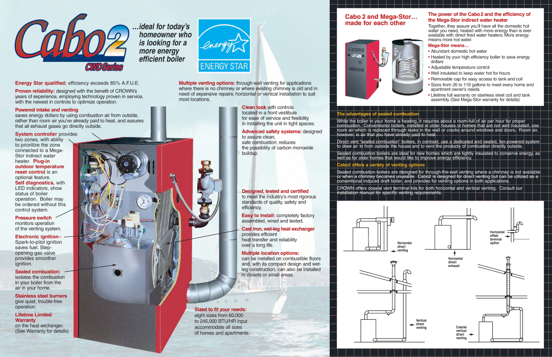 Crown Boiler PN980528R1 dimensions Mega-Stor indirect water heater, Powered intake and venting, Lifetime Limited Warranty 