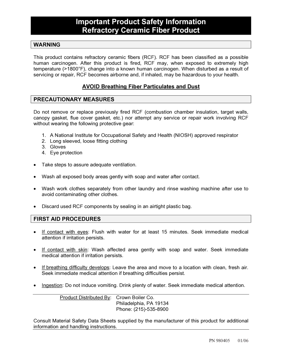 Crown Boiler SERIES 24 manual Precautionary Measures, First AID Procedures 