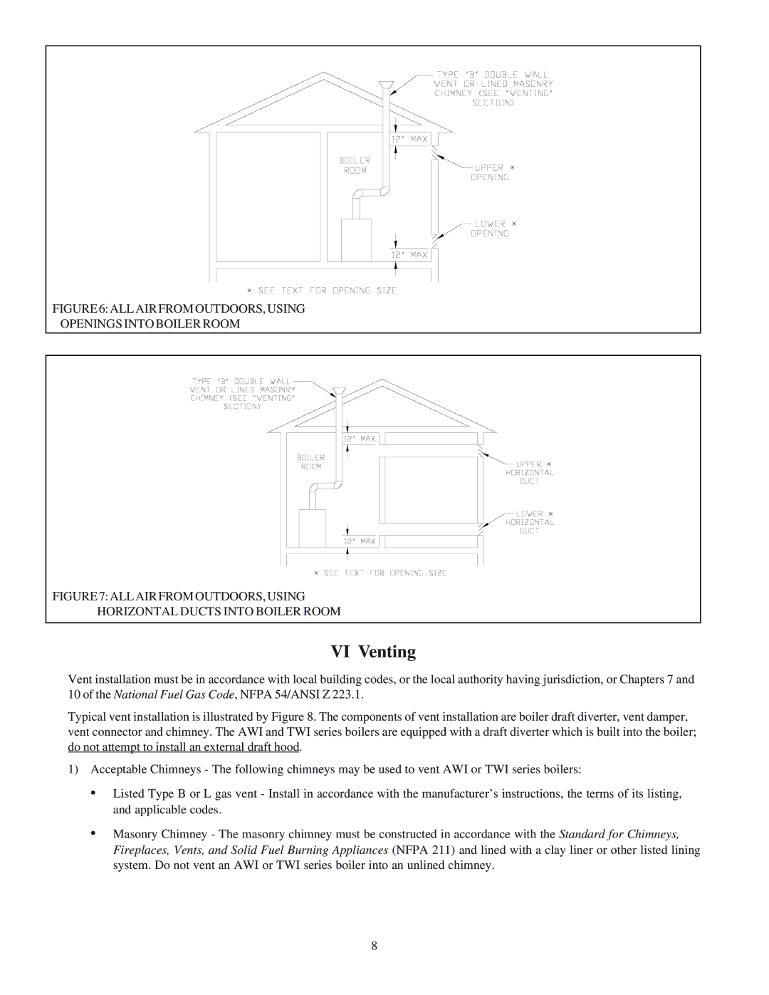 Crown Boiler AWI128, TWI095, TWI128, TWI061, TWI162, AWI061 VI Venting, ALL AIR from OUTDOORS, Using Openings Into Boiler Room 