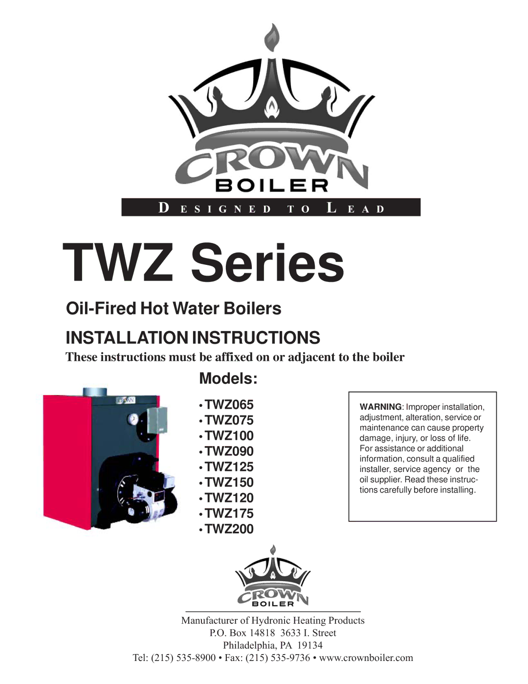 Crown Boiler TWZ090, TWZ200, TWZ125, TWZ065, TWZ175, TWZ150, TWZ100, TWZ120, TWZ075 installation instructions TWZ Series 