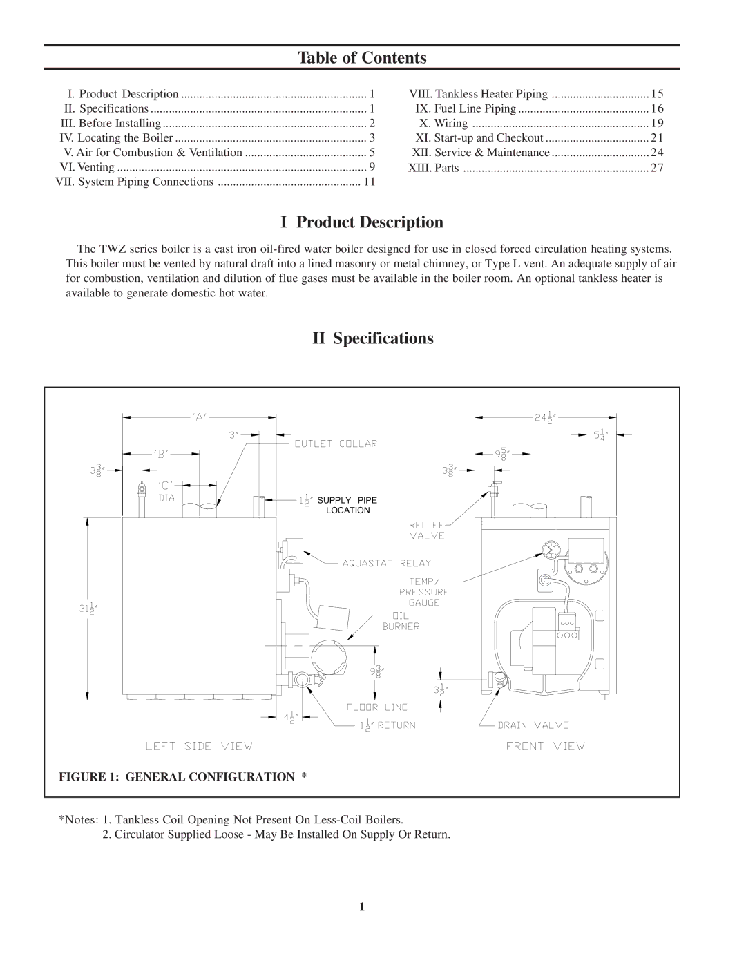 Crown Boiler TWZ125, TWZ200, TWZ090, TWZ065, TWZ175, TWZ150, TWZ100 Table of Contents, Product Description, II Specifications 