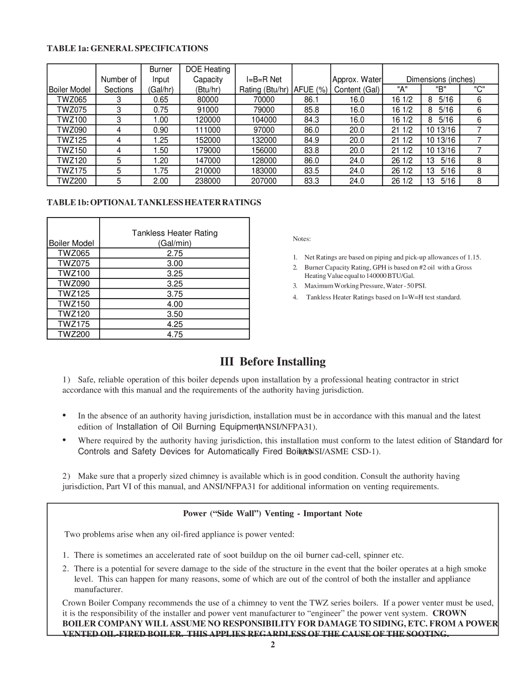 Crown Boiler TWZ065, TWZ200, TWZ090, TWZ125, TWZ175, TWZ150, TWZ100, TWZ120, TWZ075 III Before Installing, General Specifications 