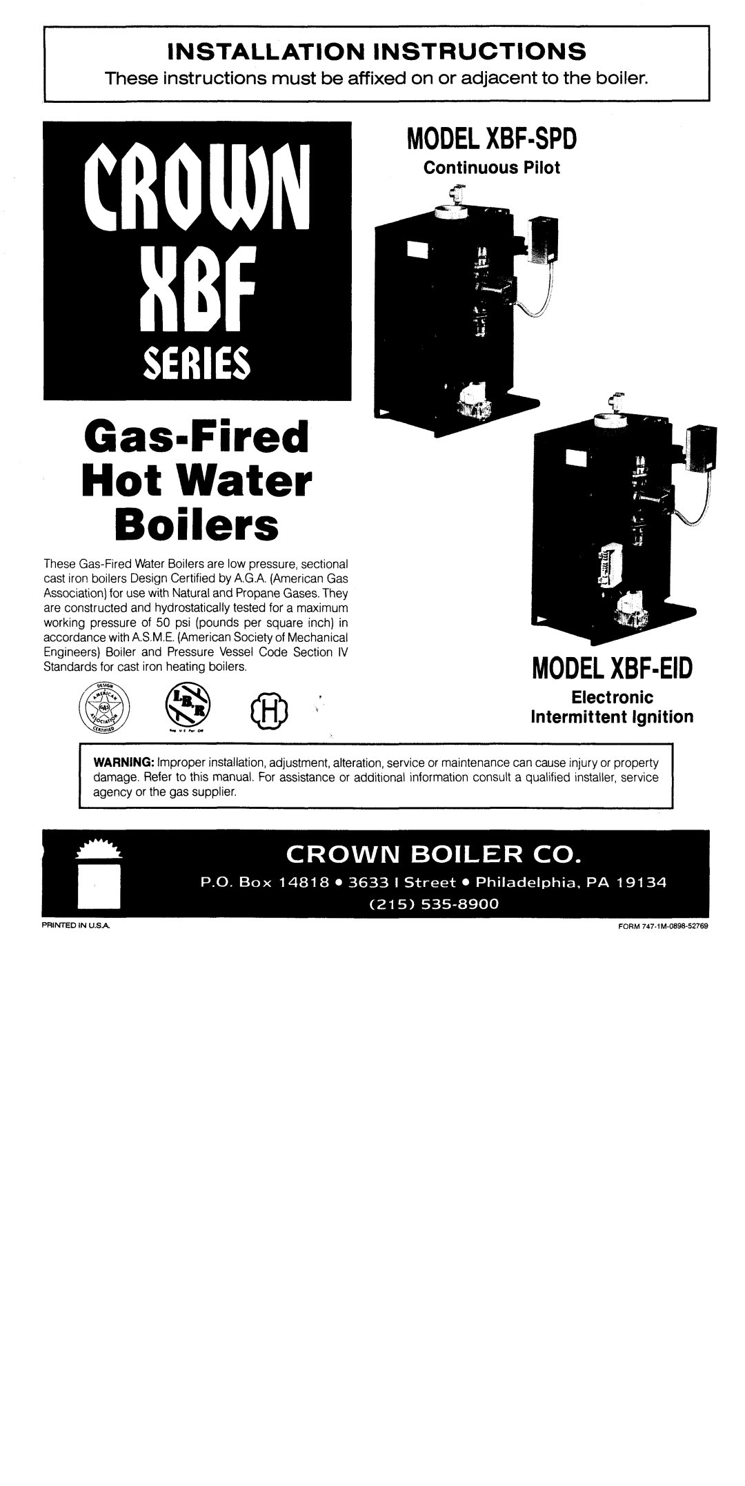 Crown Boiler XBF-SPD, XBF-EID manual 