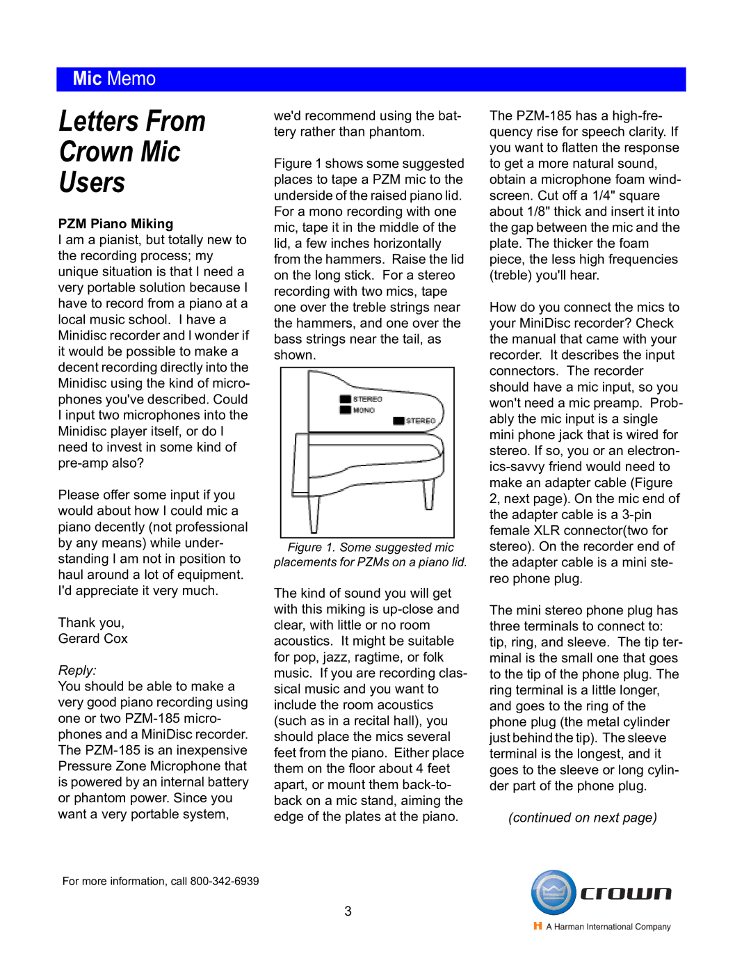 Crown CM-700 manual Letters From Crown Mic Users, PZM Piano Miking, Reply, On next 