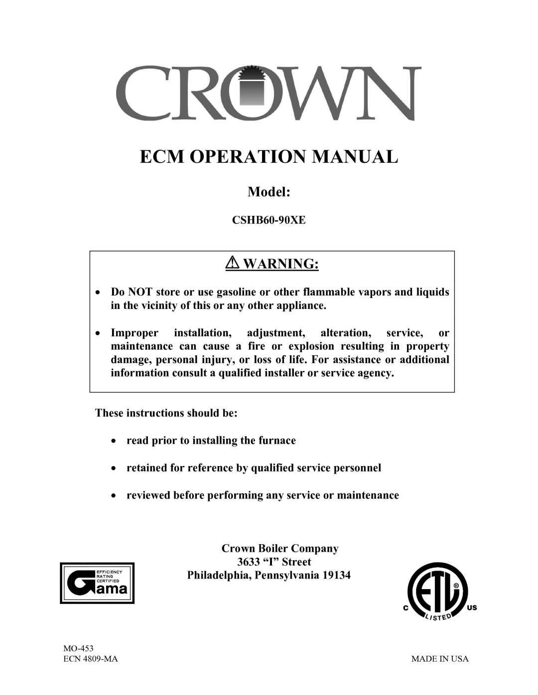 Crown CSHB60-90XE operation manual Model 