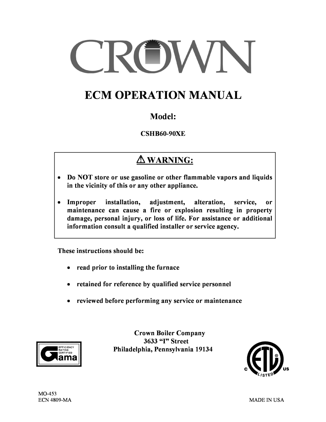 Crown CSHB60-90XE operation manual Ecm Operation Manual, Model, c WARNING 