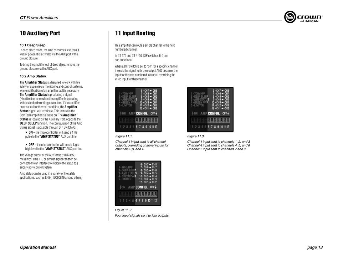 Crown CT 875, CT 8150, CT 4150, CT 475 operation manual Auxiliary Port, Input Routing, Deep Sleep, Amp Status 