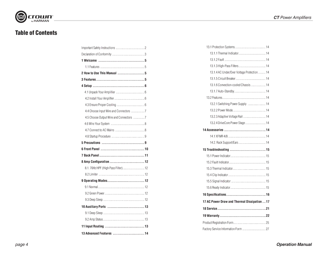 Crown CT 8150, CT 875, CT 4150, CT 475 operation manual Table of Contents 