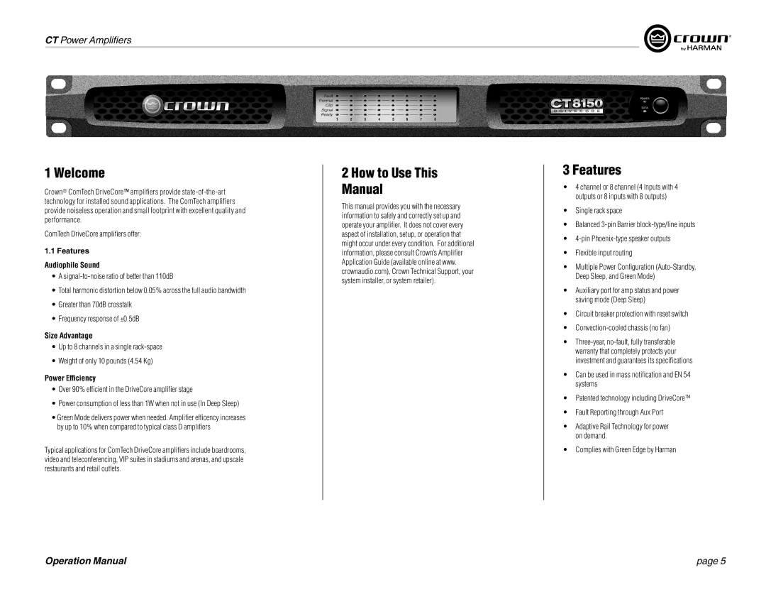 Crown CT 875, CT 475 Welcome, How to Use This Manual Features, Features Audiophile Sound, Size Advantage, Power Efficiency 