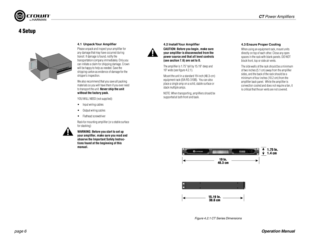 Crown CT 4150, CT 8150, CT 875, CT 475 operation manual Setup, UnpackYour Amplifier InstallYour Amplifier 