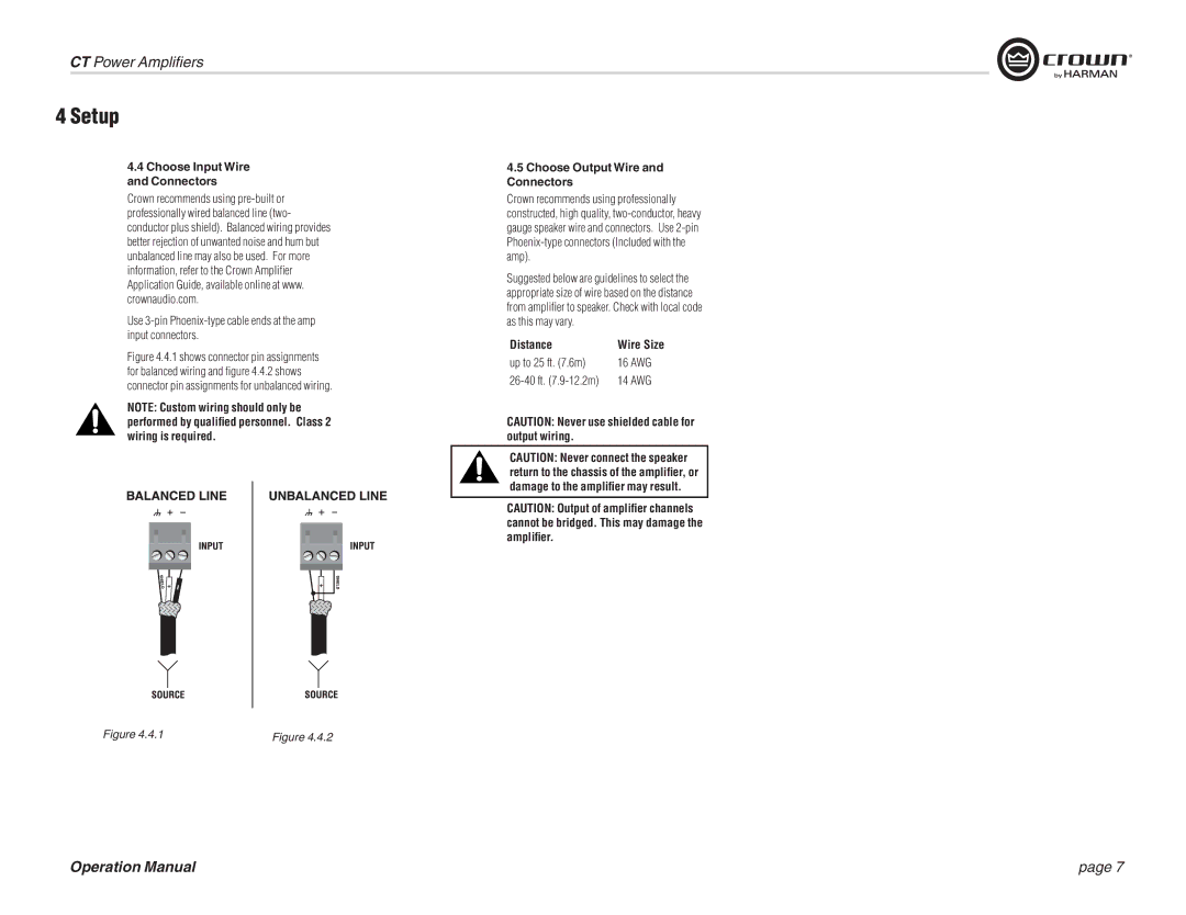 Crown CT 475, CT 8150, CT 875, CT 4150 Choose Input Wire, Connectors, Distance, Up to 25 ft .6m 16 AWG, 14 AWG 