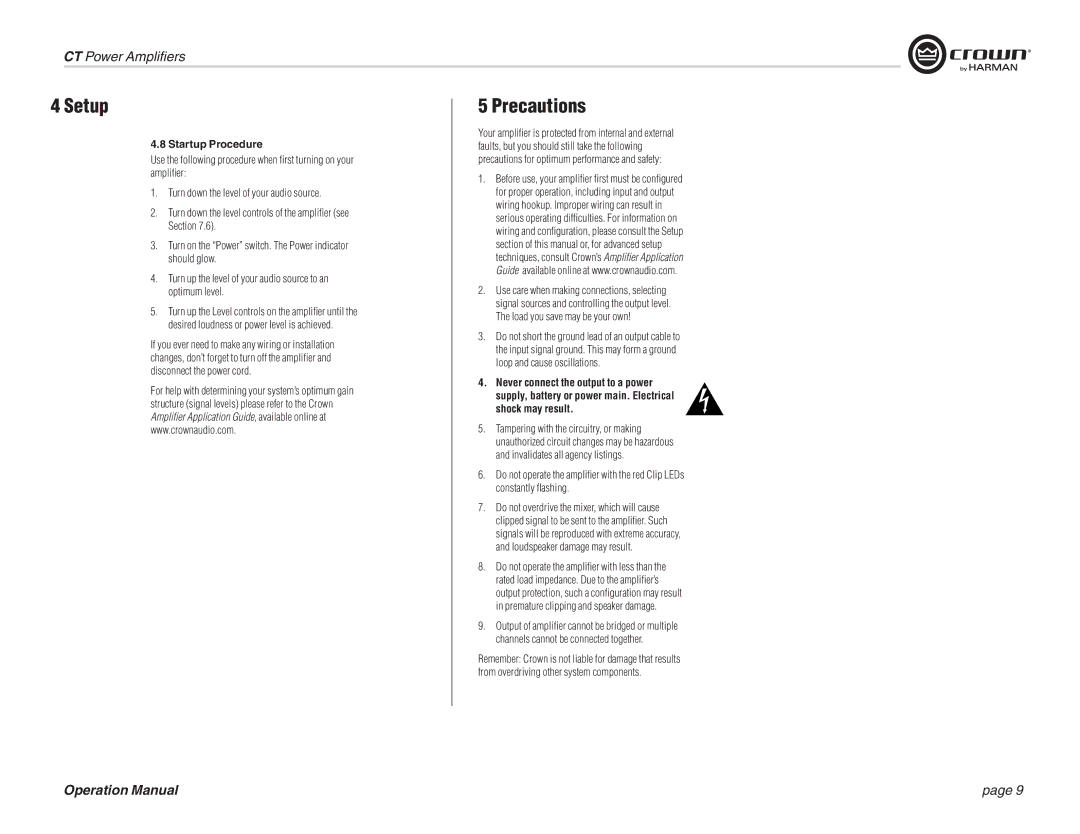 Crown CT 875, CT 8150, CT 4150, CT 475 operation manual Precautions, Startup Procedure 