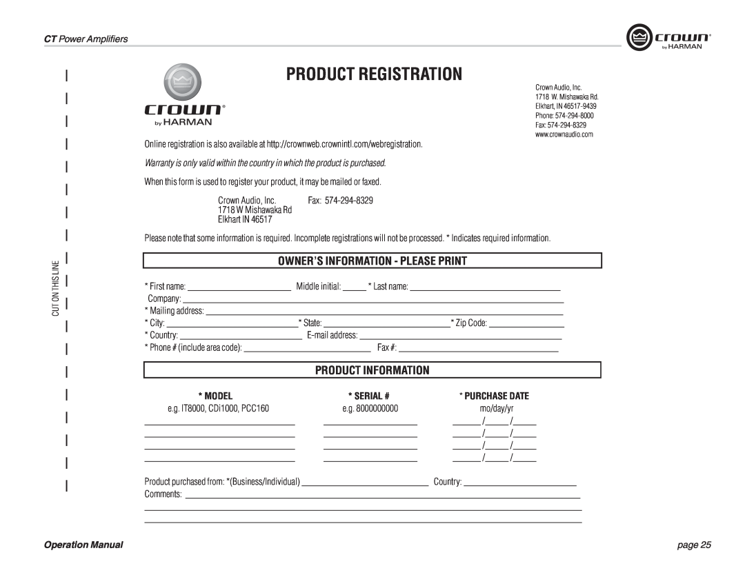 Crown CT 875, CT 8150 Product Registration, Owner’S Information - Please Print, Model, Serial #, Product Information, page 