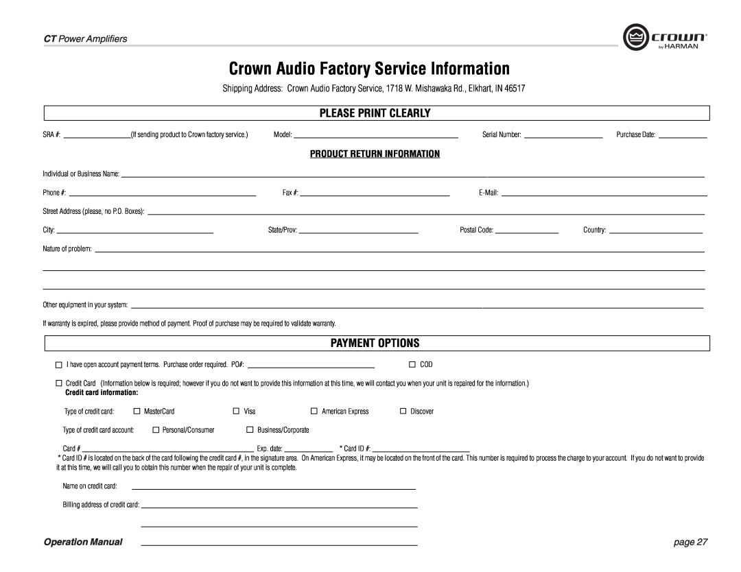 Crown CT 475 Crown Audio Factory Service Information, Please Print Clearly, Payment Options, Product Return Information 