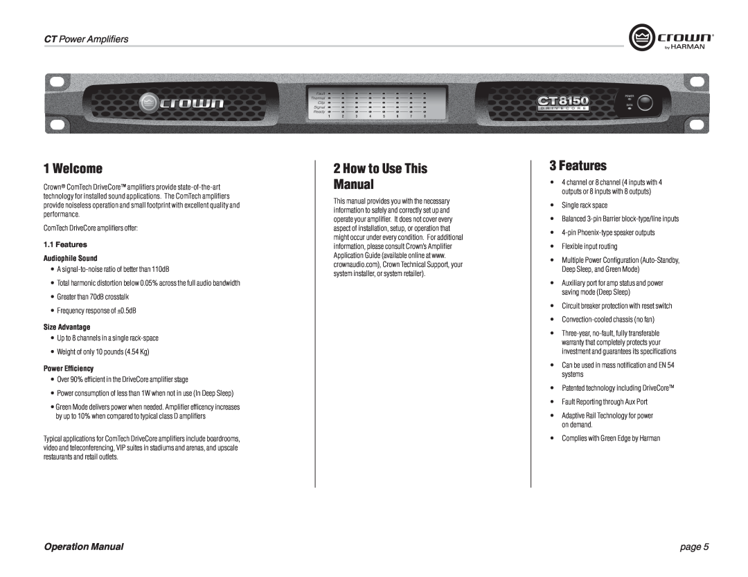Crown CT 875 Welcome, How to Use This Manual, Features, CT Power Amplifiers, Operation Manual, page, Size Advantage 