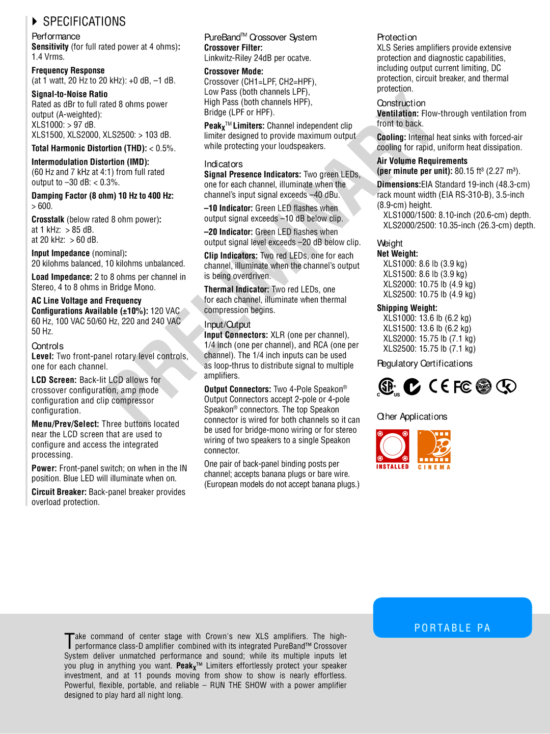 Crown CTS 600, CTS 3000, CTS 2000, CTS 1200 manual Controls, PureBandTM Crossover System, Indicators, Input/Output 