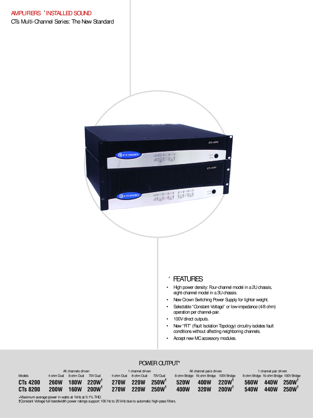 Crown CTS 1200, CTS 3000, CTS 2000 manual Operation per channel-pair 100V direct outputs, 220W †, 220W 250W †, 440W, 200W † 