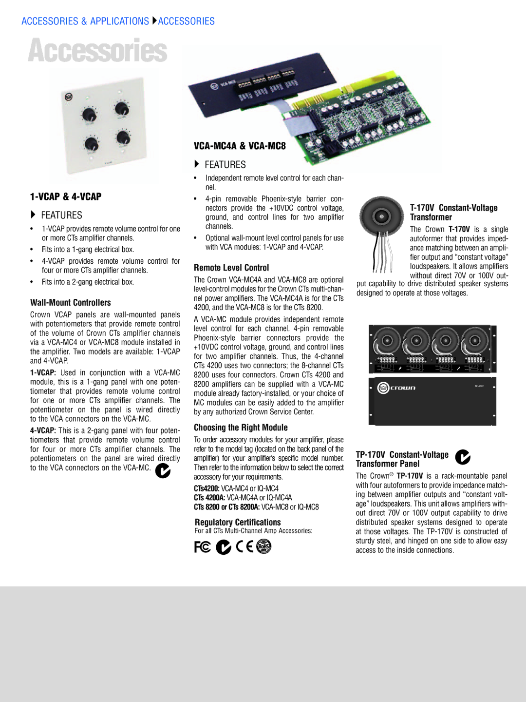 Crown CTS 3000 Wall-Mount Controllers, Remote Level Control, Choosing the Right Module, 170V Constant-Voltage Transformer 