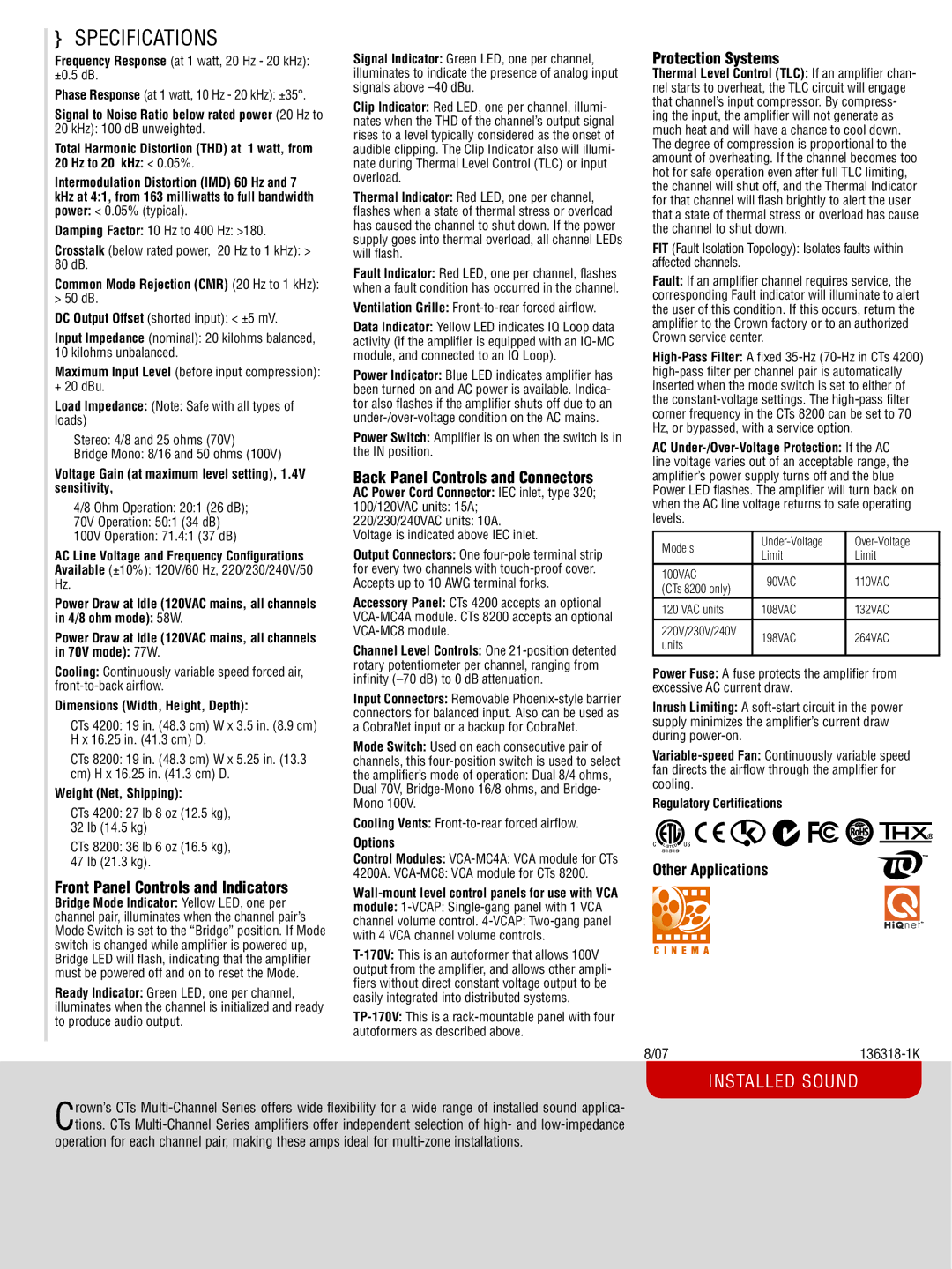 Crown CTS 600, CTS 3000, CTS 2000, CTS 1200 manual Voltage Gain at maximum level setting, 1.4V sensitivity 