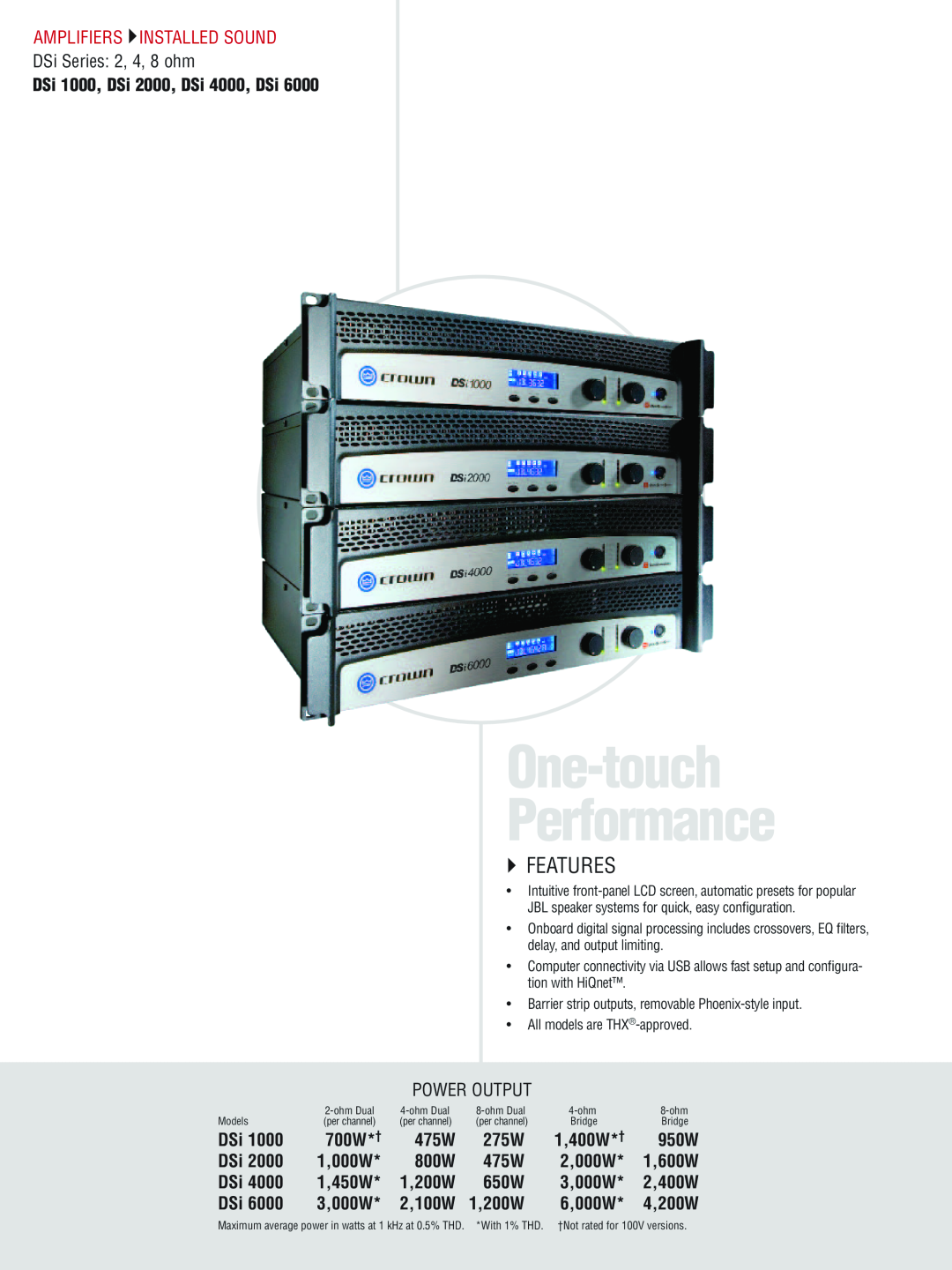 Crown CTS 3000, CTS 2000, CTS 1200, CTS 600 manual One-touch Performance, `` Features, Amplifiers Installed Sound 