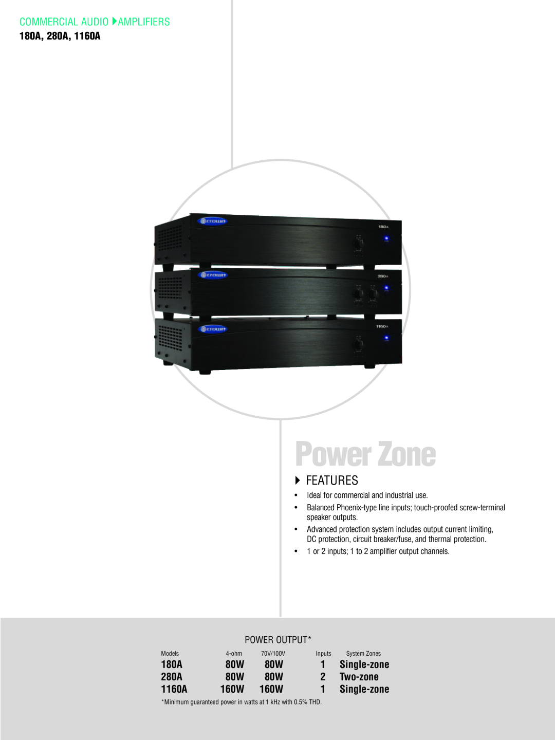 Crown CTS 1200, CTS 3000 Power Zone, Commercial Audio Amplifiers, `` Features, 180A, 280A, 1160A, Two-zone, Power Output 