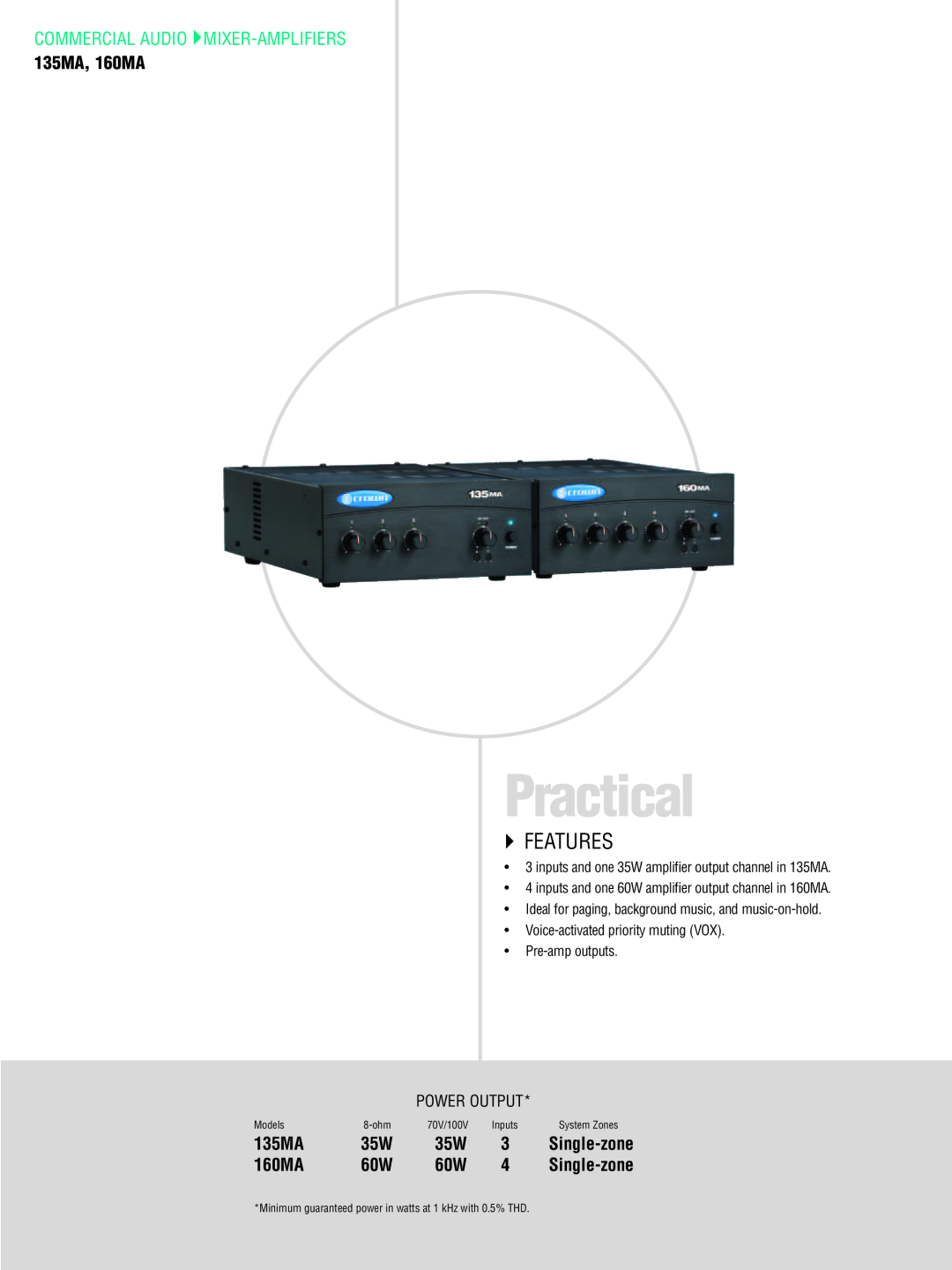 Crown CTS 3000, CTS 2000, CTS 1200 Practical, `` Features, Commercial Audio Mixer-Amplifiers, 135MA, 160MA, Power Output 