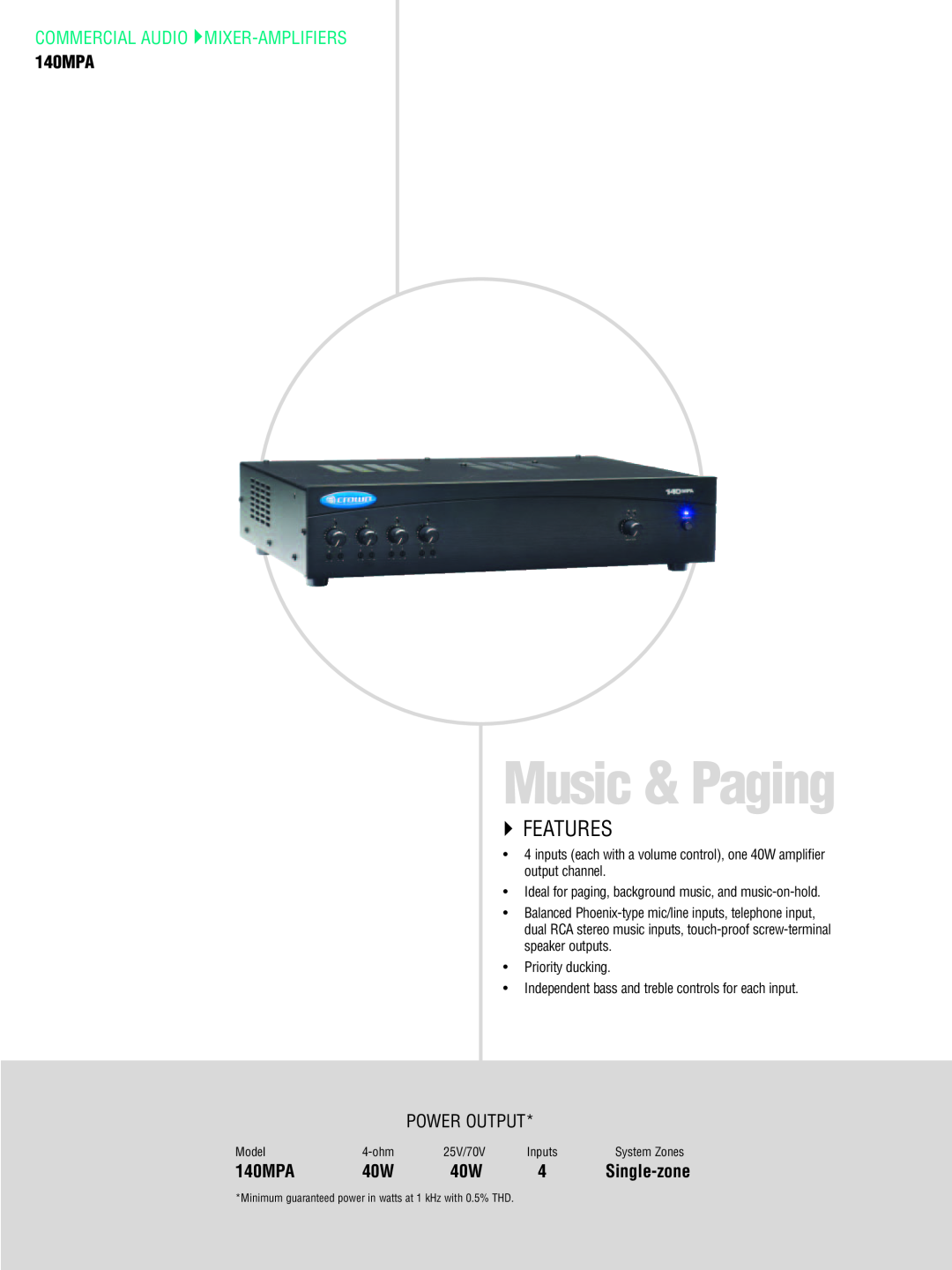 Crown CTS 1200, CTS 3000, CTS 2000 Music & Paging, `` Features, Commercial Audio Mixer-Amplifiers, 140MPA, Power Output 