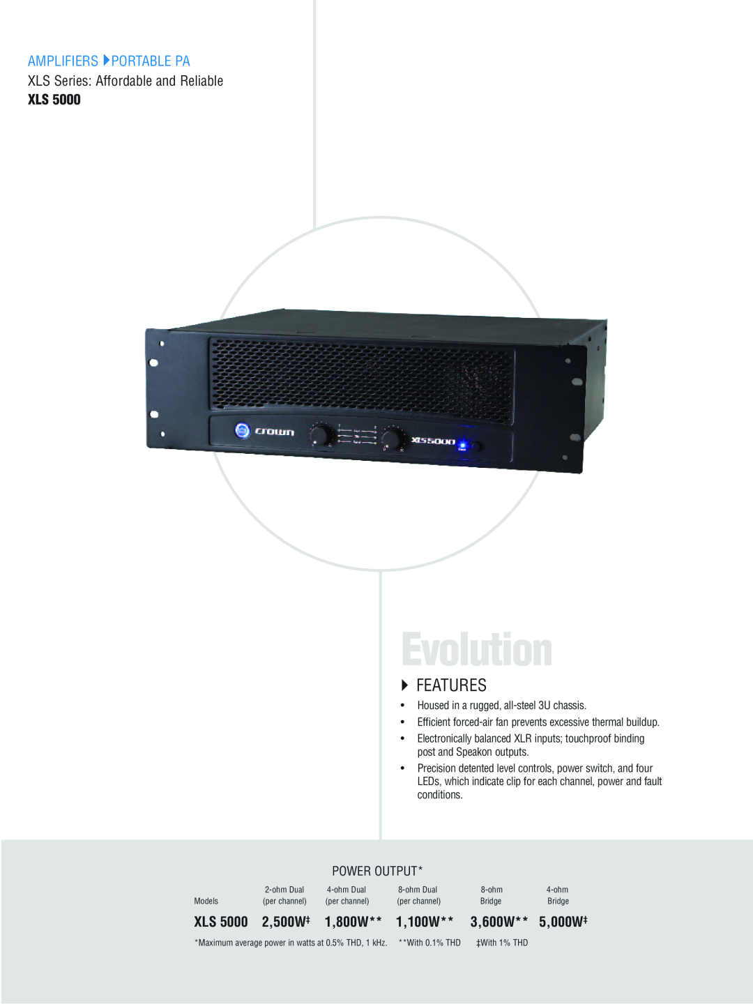 Crown CTS 3000 Evolution, XLS Series: Affordable and Reliable, `` Features, Amplifiers Portable Pa, Power Output, 2,500W‡ 