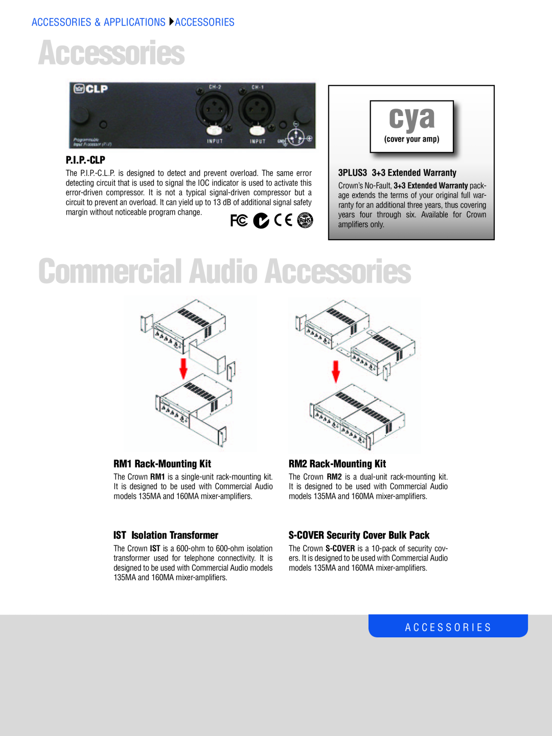 Crown CTS 2000, CTS 3000 Commercial Audio Accessories, A C C E S S O R I E S, Accessories & Applications Accessories 