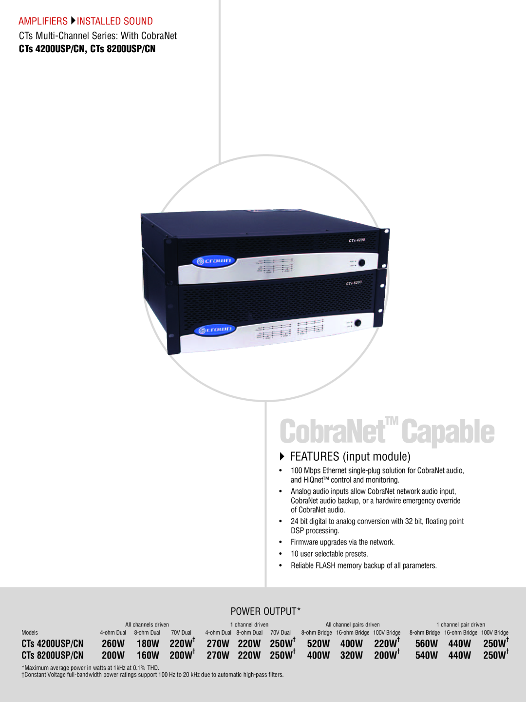Crown CTS 3000, CTS 2000, CTS 1200, CTS 600 manual `` FEATURES input module, CobraNetTM Capable, Amplifiers Installed Sound 