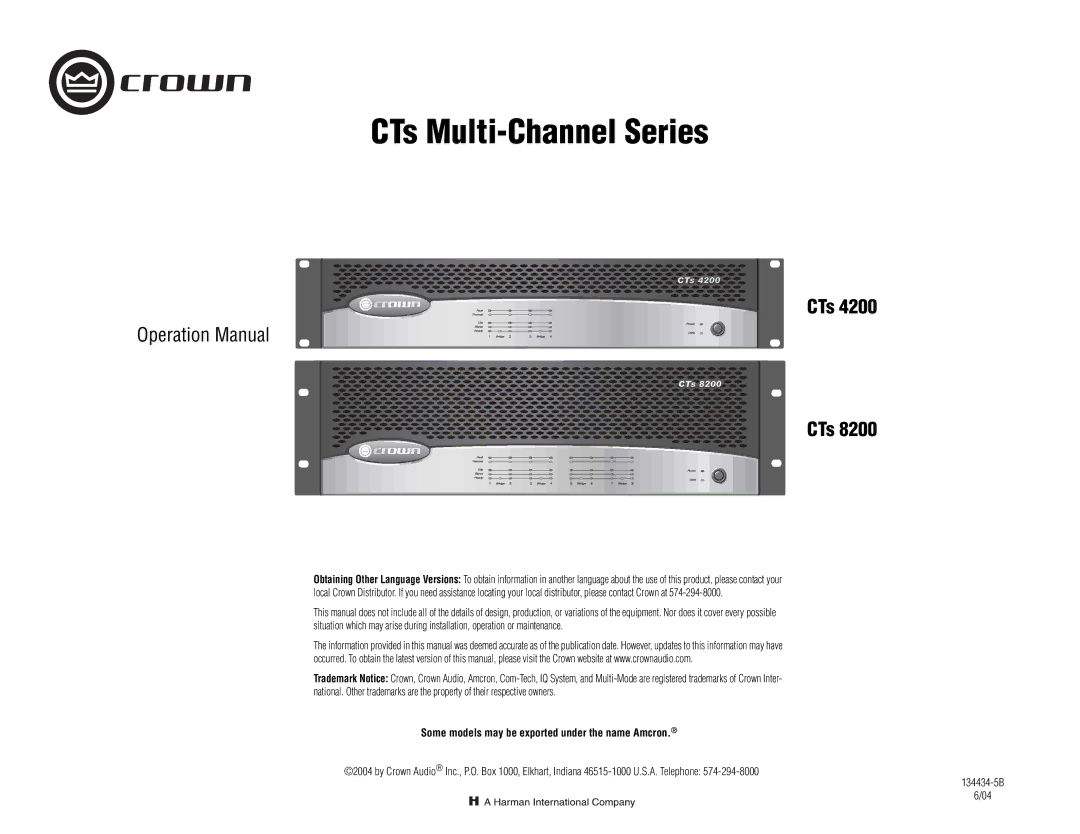 Crown CTS 4200, CTS 8200 operation manual CTs, Some models may be exported under the name Amcron 