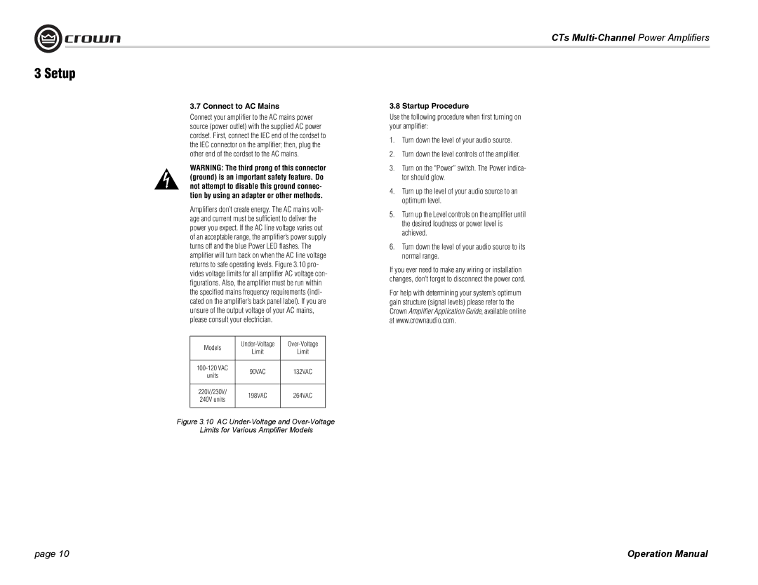 Crown CTS 8200, CTS 4200 operation manual Connect to AC Mains, Startup Procedure 