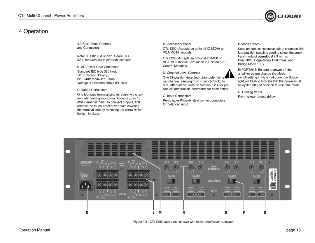 Crown CTS 4200 Back Panel Controls Connectors AC Power Cord Connector, Output Connectors, Accessory Panel, Mode Switch 