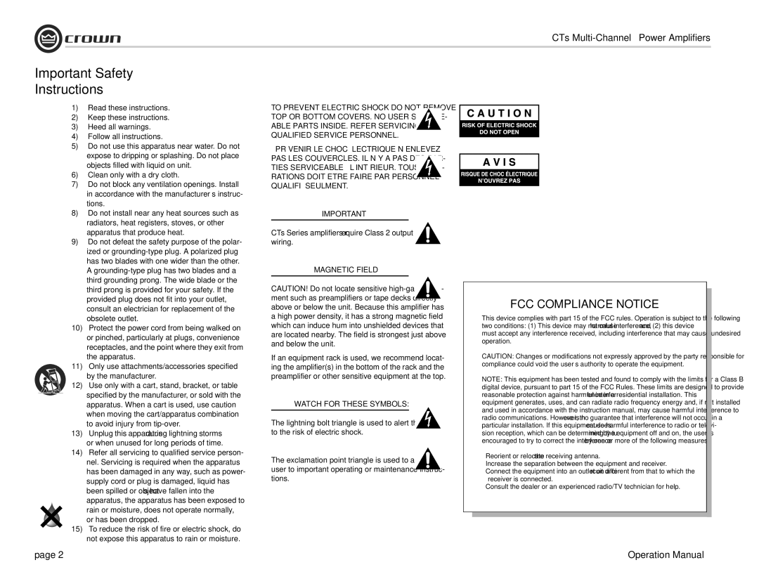 Crown CTS 8200 Important Safety Instructions, Or has been dropped, CTs Series amplifiers require Class 2 output wiring 