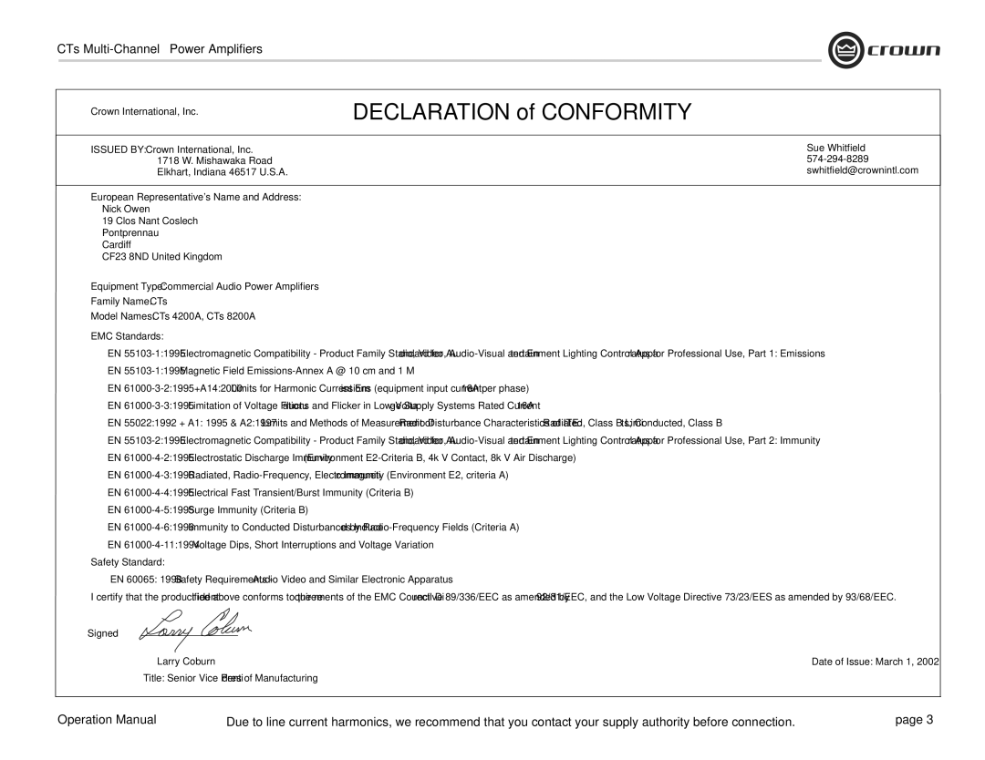 Crown CTS 4200, CTS 8200 European Representatives Name and Address, Family Name CTs, EMC Standards, Safety Standard 