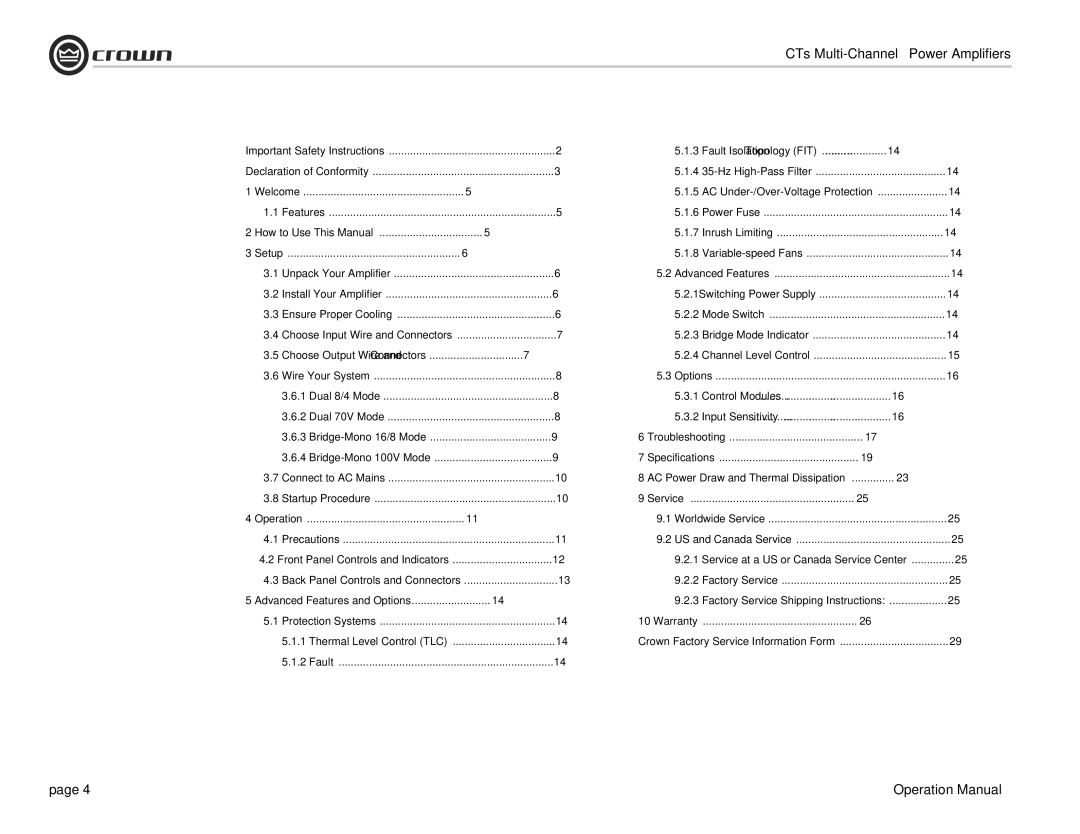 Crown CTS 8200 Welcome, Setup, Troubleshooting, Specifications, AC Power Draw and Thermal Dissipation, Service Operation 