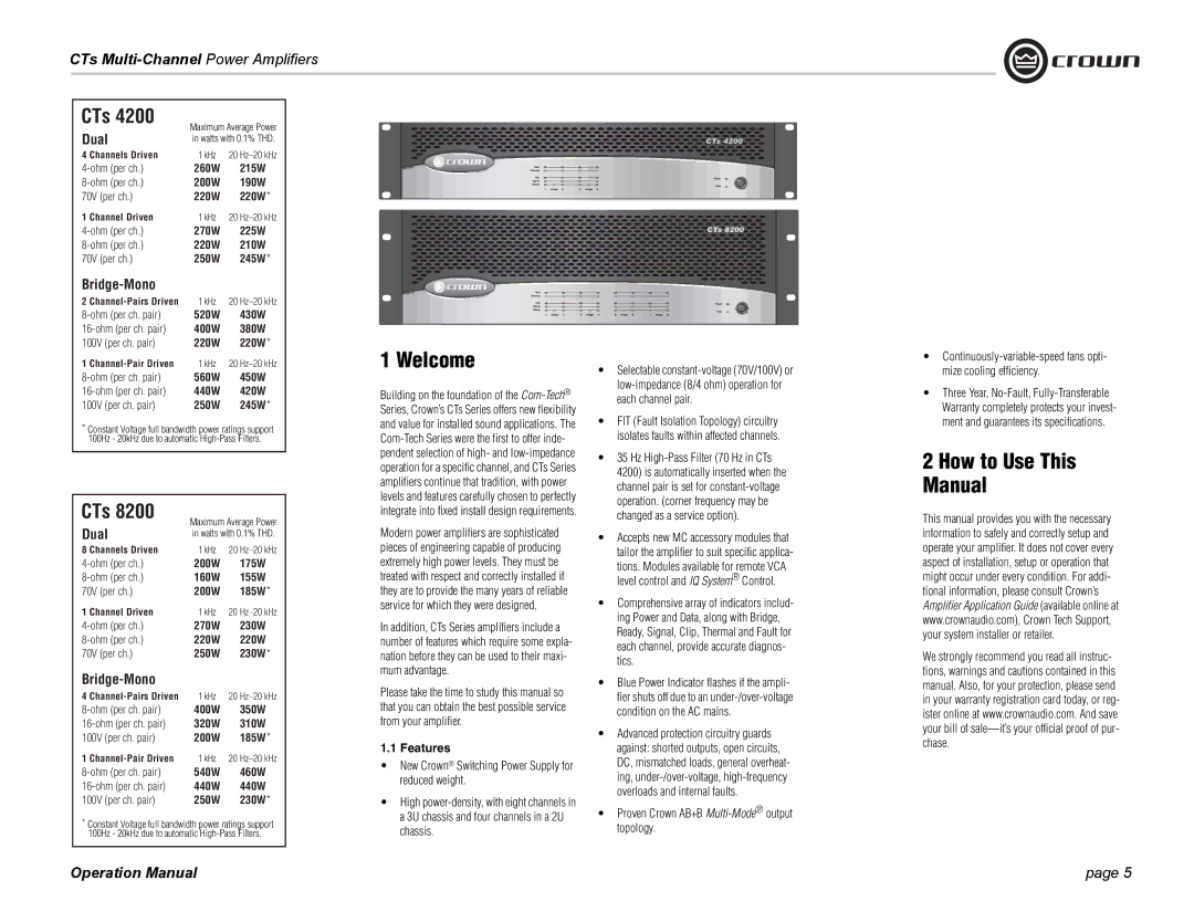 Crown CTS 4200, CTS 8200 Welcome, How to Use This Manual, Features, Proven Crown AB+B Multi-Modeoutput topology 