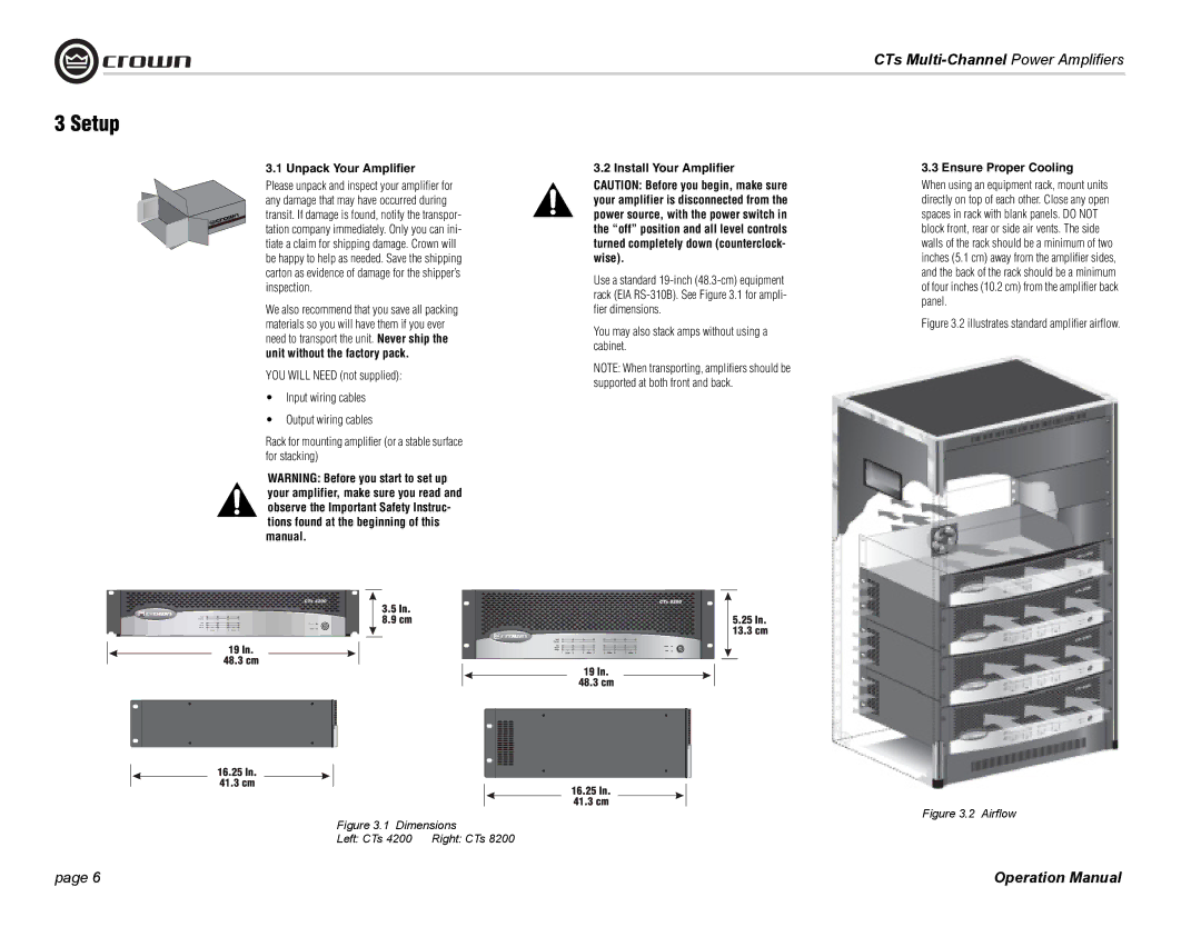 Crown CTS 8200, CTS 4200 operation manual Setup, Unpack Your Amplifier Install Your Amplifier 