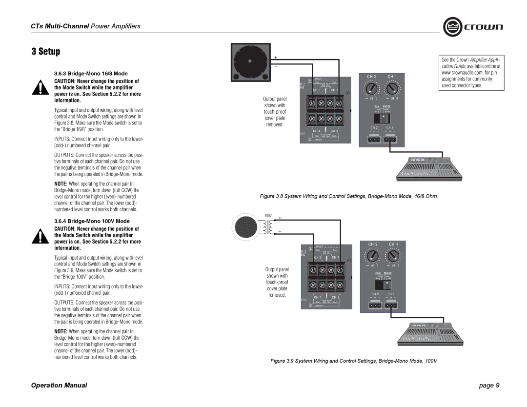 Crown CTS 4200, CTS 8200 operation manual Bridge-Mono 16/8 Mode, Bridge-Mono 100V Mode 