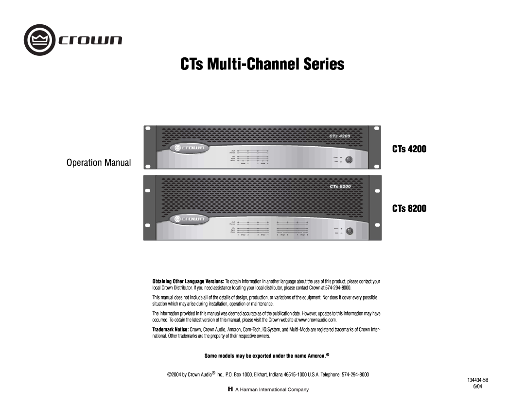 Crown CTS 4200, CTS 8200 operation manual CTs Multi-ChannelSeries, Some models may be exported under the name Amcron 