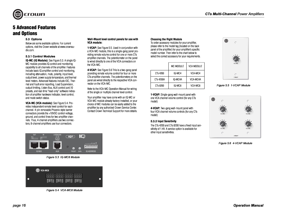 Crown CTS 8200 Advanced Features and Options, CTs Multi-Channel Power Amplifiers, page, Control Modules, Input Sensitivity 