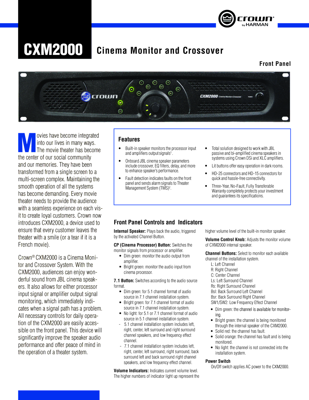 Crown CXM2000 warranty Front Panel, Features, Power Switch 