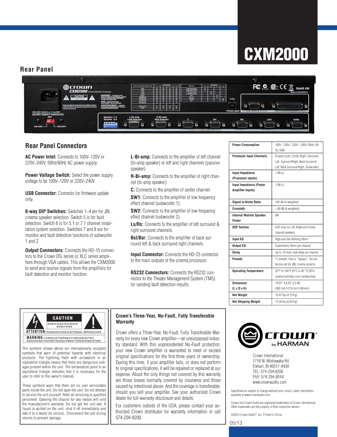 Crown CXM2000 warranty Rear Panel Connectors, USB Connector Connects for firmware update only 