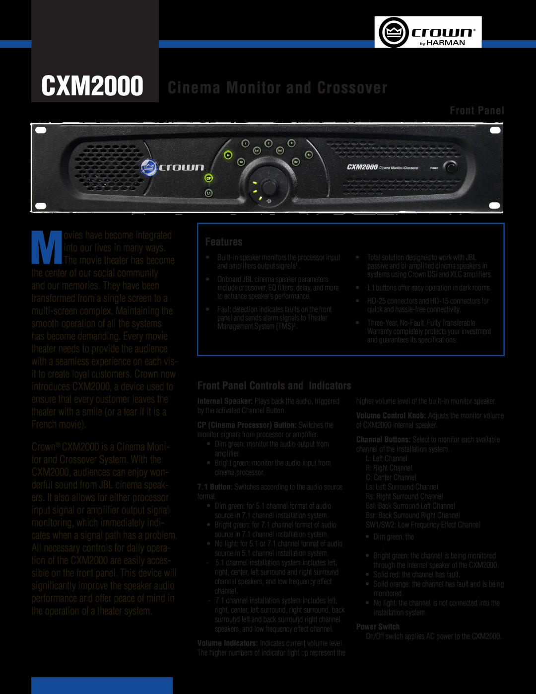 Crown CXM2000 warranty Front Panel, Features, Power Switch, Cinema Monitor and Crossover 
