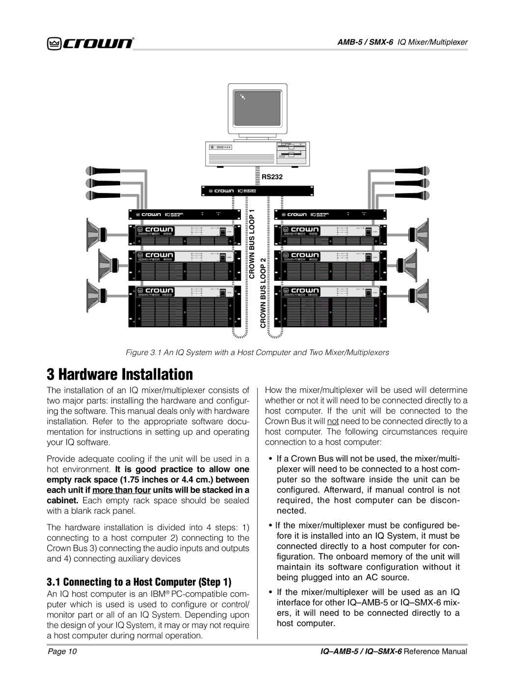 Crown IQSMX-6, IQAMB-5 manual Hardware Installation, Connecting to a Host Computer Step 