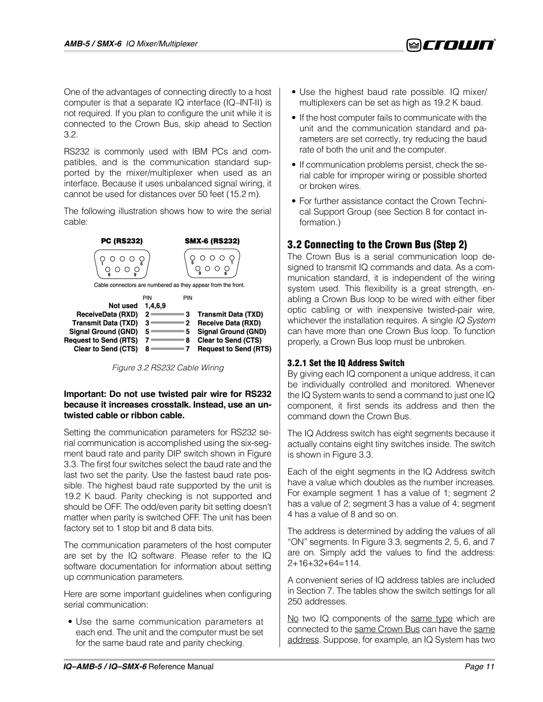 Crown IQAMB-5, IQSMX-6 manual Connecting to the Crown Bus Step, Set the IQ Address Switch 